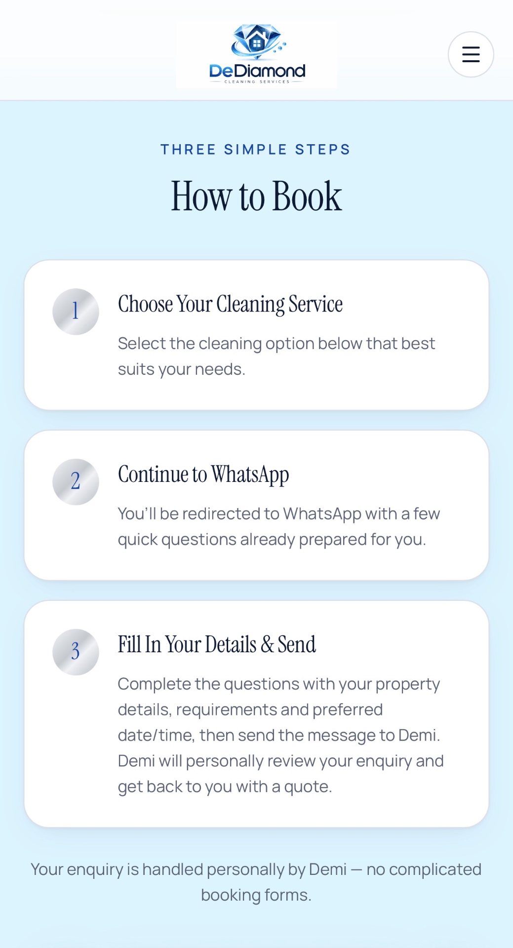 DeDiamond Cleaning Services website showing its three-step WhatsApp booking process